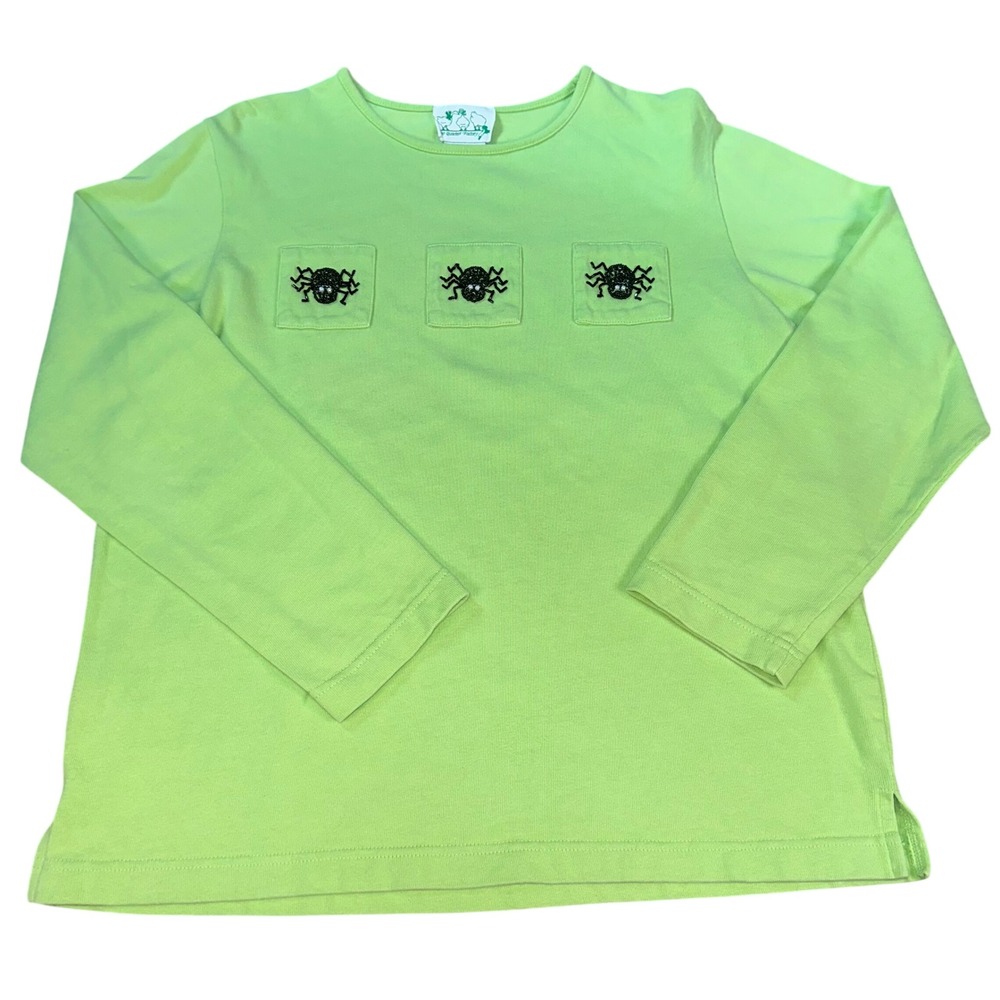 Quacker Factory Green Beaded Spider Long Sleeve Cotton Shirt Halloween Women's M